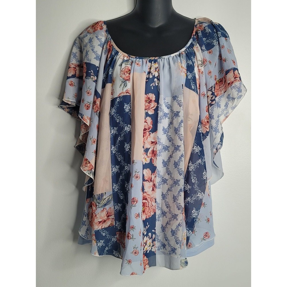 CATO Est 1946 Boho‎ Floral Blouse Tank Top Shirt Womens Medium M Blue Chiffon